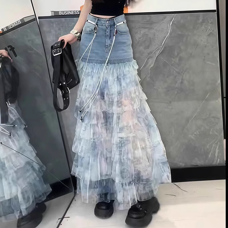 Blue Tie-Dye Denim Skirt for Women, New Summer Fashion Stylish Cake Skirt, Versatile and Slimming A-Line Skirt