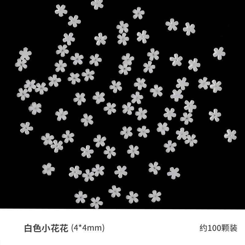 Decoraciones de uñas de moda, pequeñas flores blancas de diferentes tamaños, flores blancas tridimensionales de cinco pétalos, pequeñas cuentas de acero, diamantes de imitación de resina para uñas