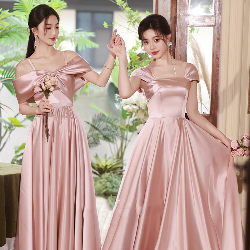 Bridesmaid Dress in Pink, 2026 New Spring Wedding Satin Style, Suitable for Annual Parties, Can Be Worn Casually, Sister Group Evening Gown for Women