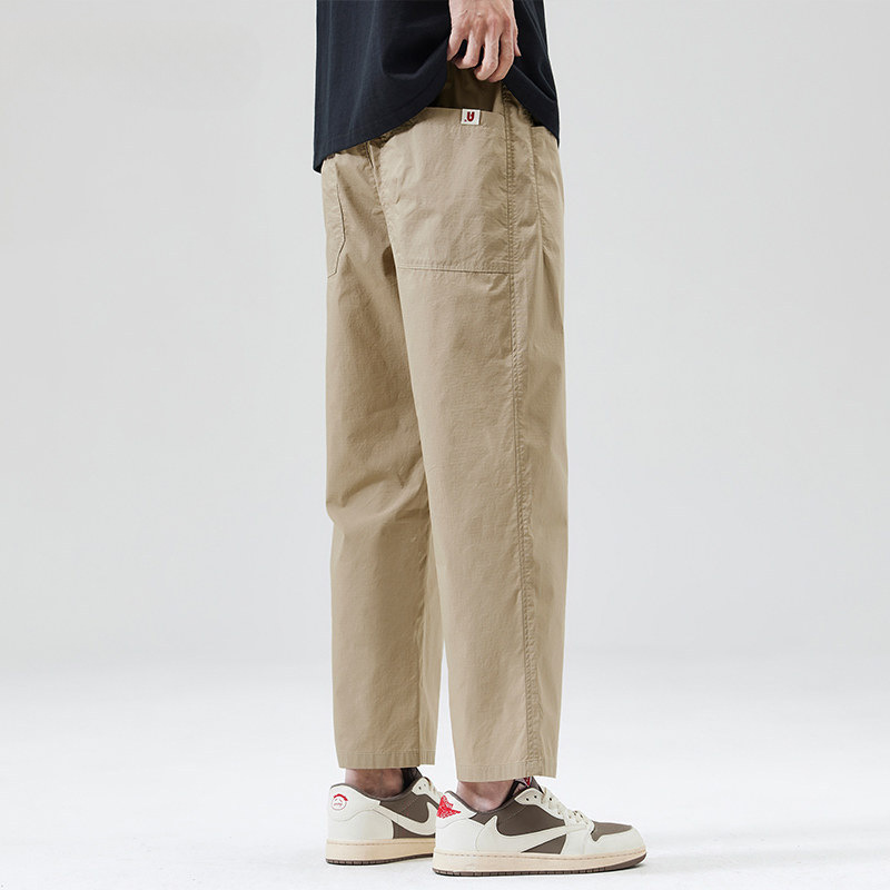 Khaki Straight-Leg Cropped Casual Pants for Men, Loose Fit, 2025 Summer Trendy Cityboy Fashion Versatile Pants