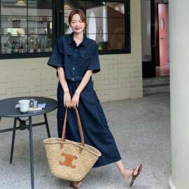 藏青色韩系复古牛仔套装女2026夏新款设计感短袖衬衫半身裙两件套