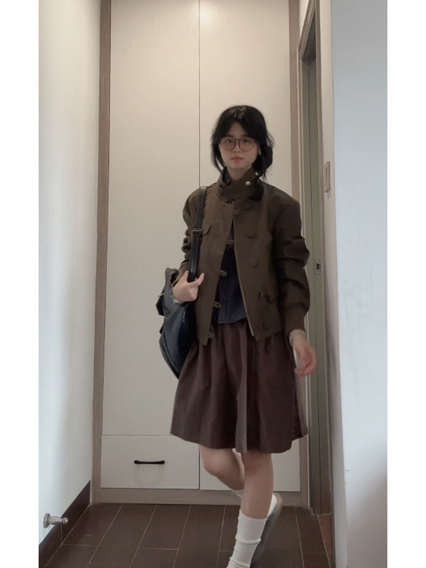 美式复古立领皮衣外套女秋季年新款排扣设计短款机车夹克上衣|undefined