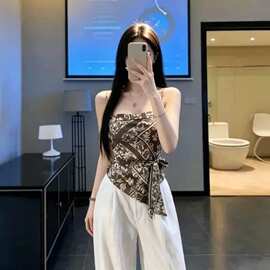 复古几何图案印花拼接吊带背心女夏季绑带收腰设计感辣妹无袖上衣