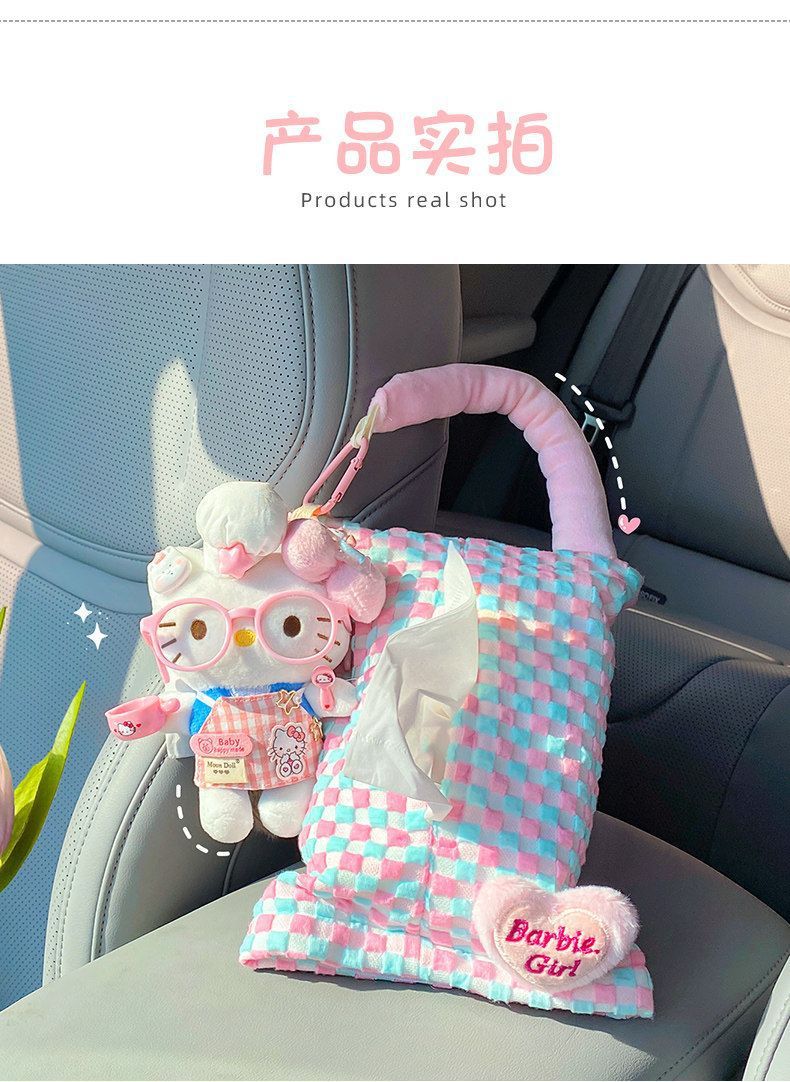 Car tissue box hook 2-in-1 cute cartoon cat storage hanging bag car seat back decoration tissue bag