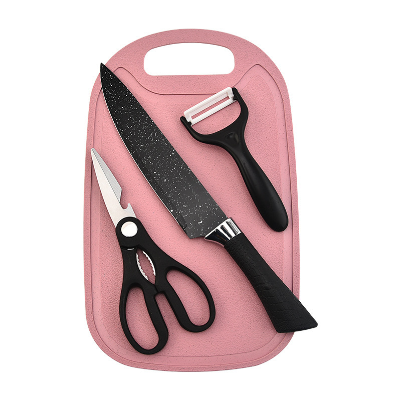 Paja de trigo pintada en pulverización de acero inoxidable doble cara succión con placa de cocina set cuchillo de cocina de piedra de arroz set cuchillo de cocina set de cuatro piezas