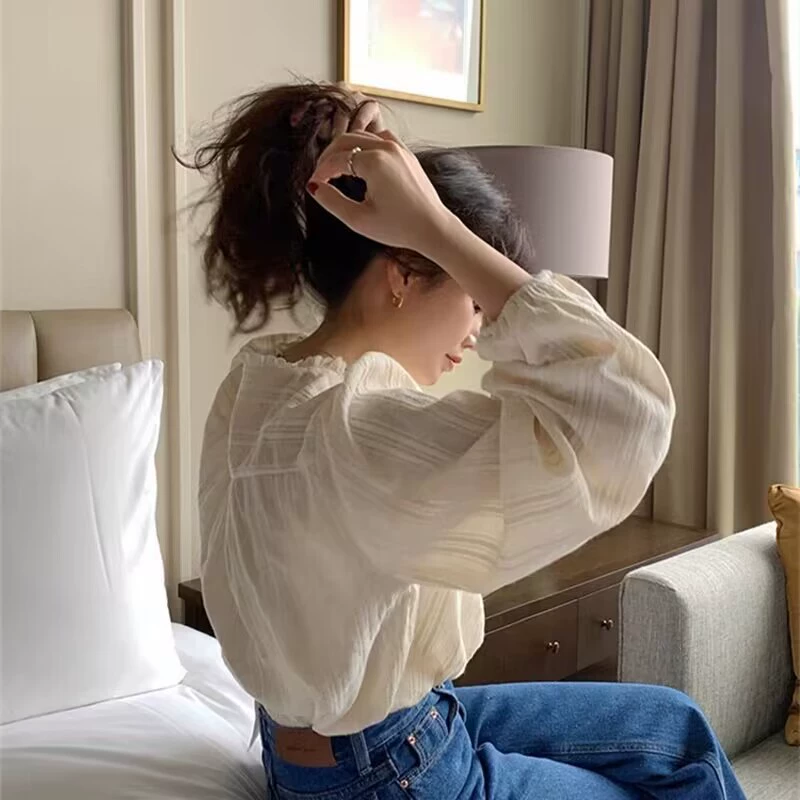 Вес blouse ретро с цветочной отделкой, корейский стиль, круглый воротник, рукав-фонарик, женская (абрикос/белая)