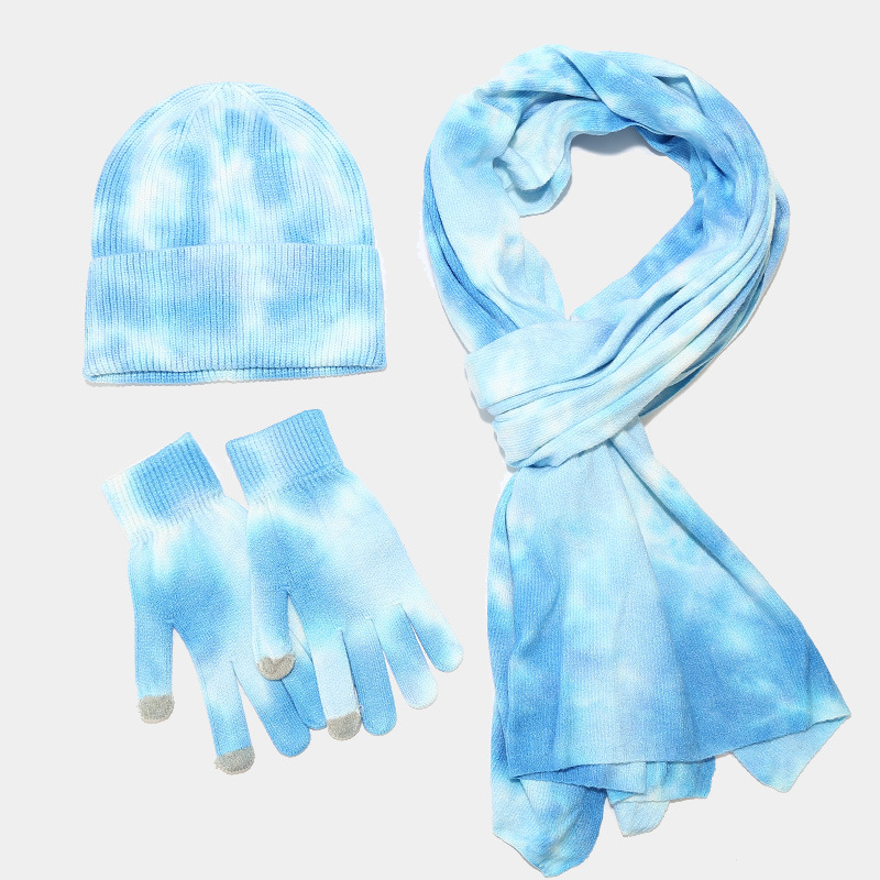 New Tie Dyed Knitted Glove Scarf Women's Autumn and Winter Outdoor Cold Protection Hat Three piece Set for Men_voghion.com