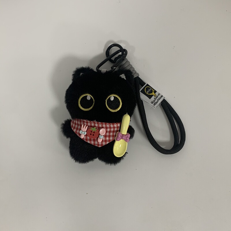 可爱呆萌围兜大眼黑猫情侣创意毛绒玩偶包挂件小白猫车钥匙扣挂饰|undefined