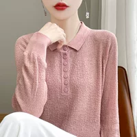 Весной и осенью новый воротник POLO изысканный имитационный шерстяной трикотаж женские длинные рукава пуговицы темперамент шерстяной топ оптом