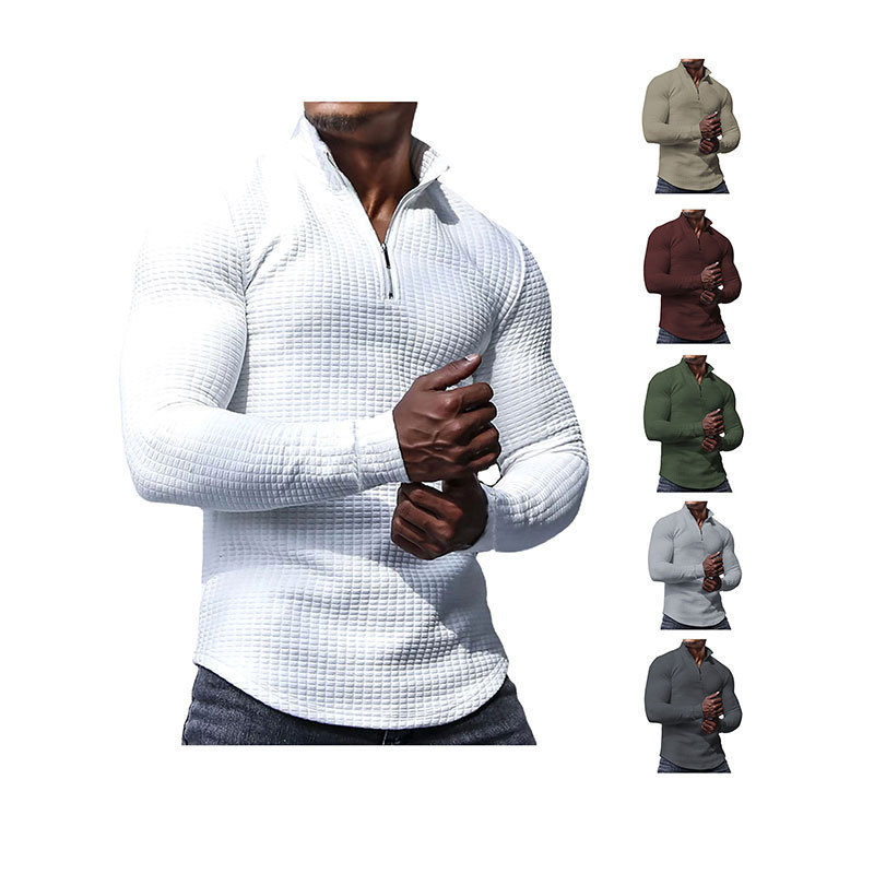 Felpa da uomo monocromatica - Primavera e autunno, a quadri piccoli, con collo alto, mezza zip, maniche lunghe, jacquard, top da uomo alla moda_voghion.com