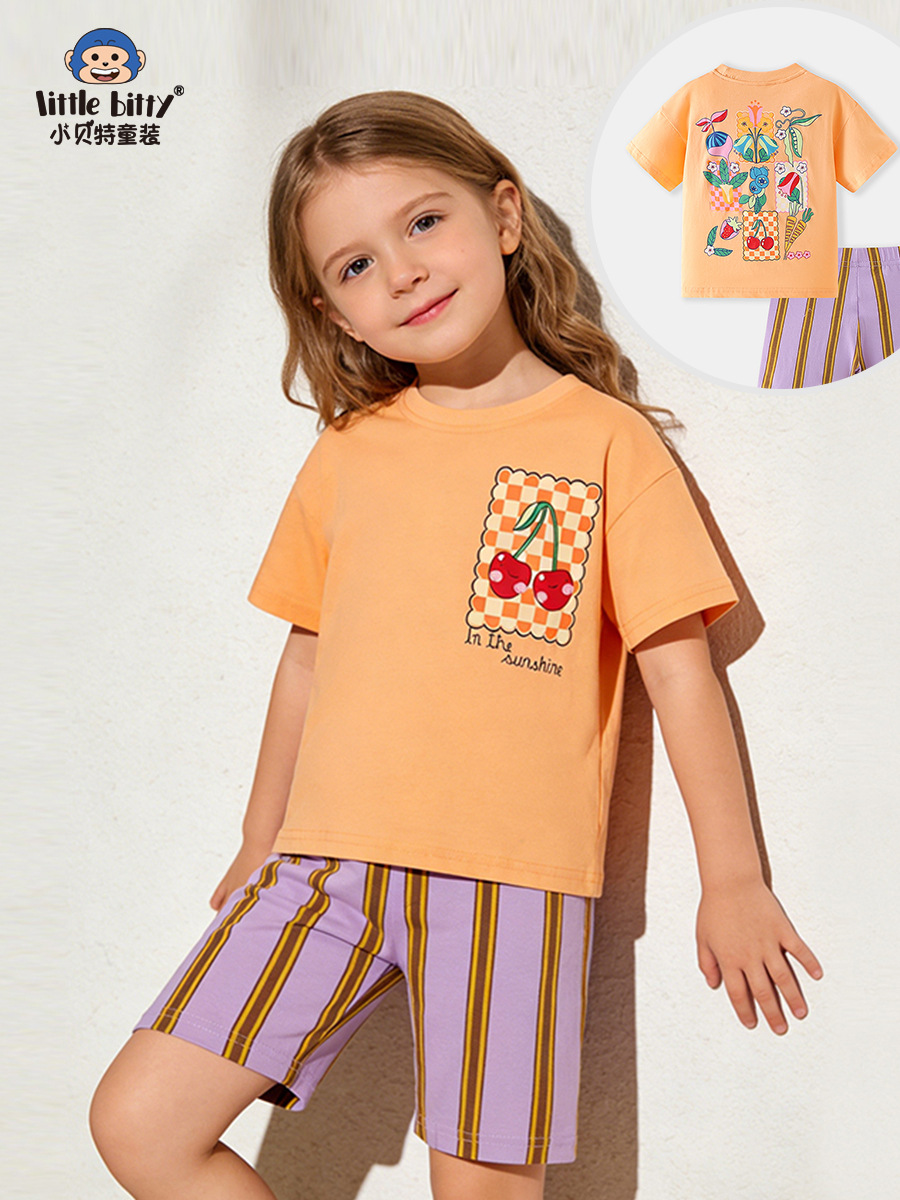 European and American Style Children's Clothing 26Th Spring and Summer New Girls' Outfit Cartoon Floral Round Neck Printed Two-Piece Set for Young Children