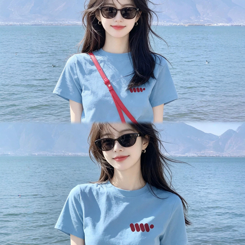 Blue Stylish Short-Sleeve Printed Design T-Shirt for Women, 2026 Summer New Style, Flattering and Slimming Top, Trendy
