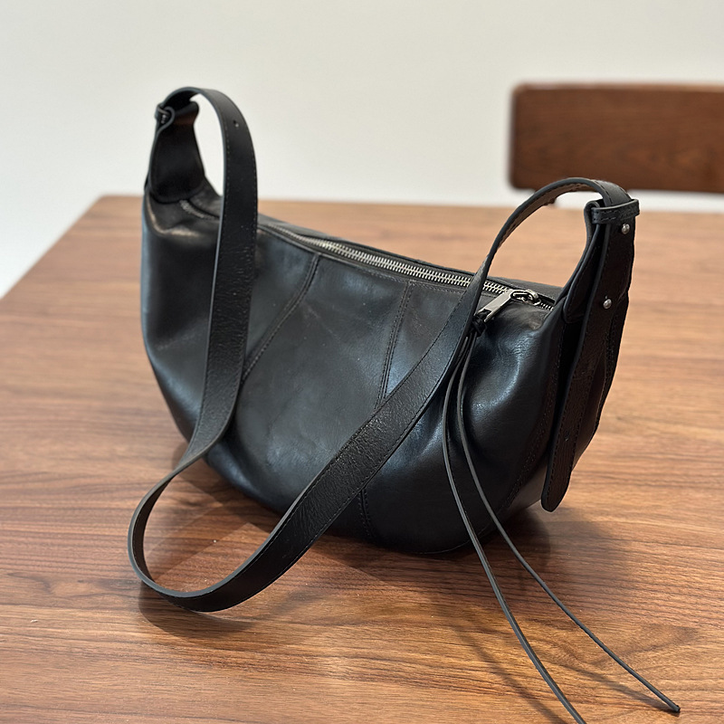 2025 New Women's Leather Bag First Layer Cowhide Crossbody Bag Casual Half Moon High-End Saddle Shoulder Bag - Thumbnail 8