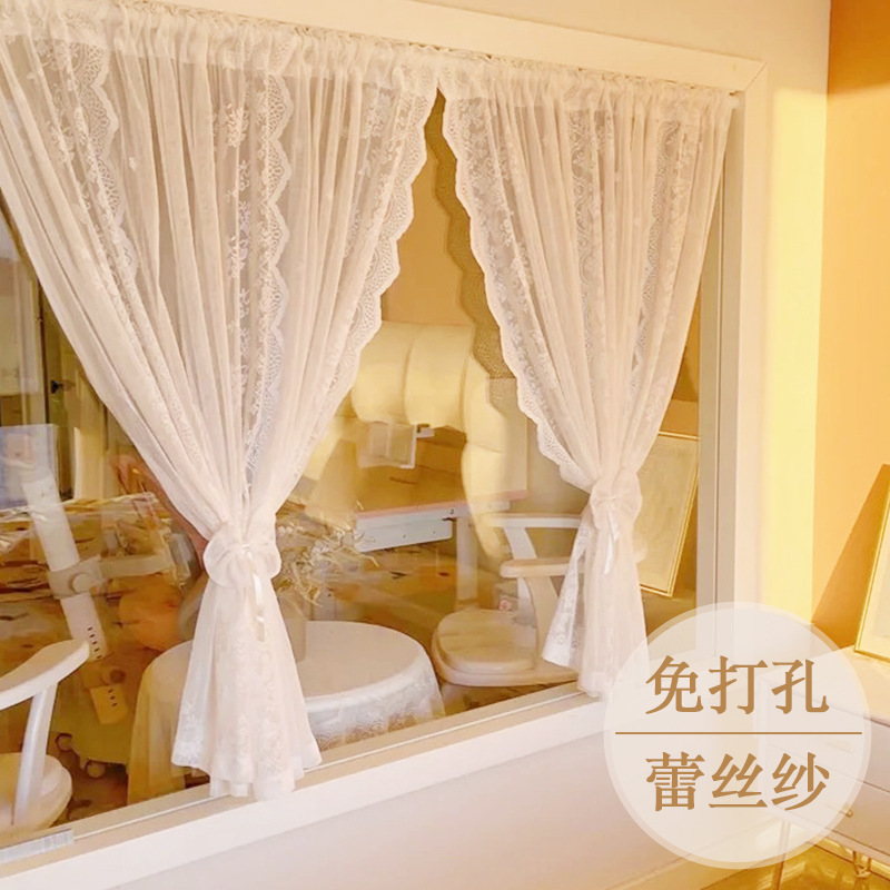 No Punching Velcro Curtain Gauze French Cream Style Korean Lace Balcony Bay Window Door Curtain Partition Curtain Dreamy