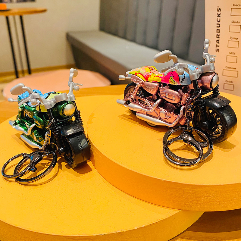 Cartoon alloy pull back motorcycle toy creative car keychain exquisite schoolbag pendant children's small gifts wholesale