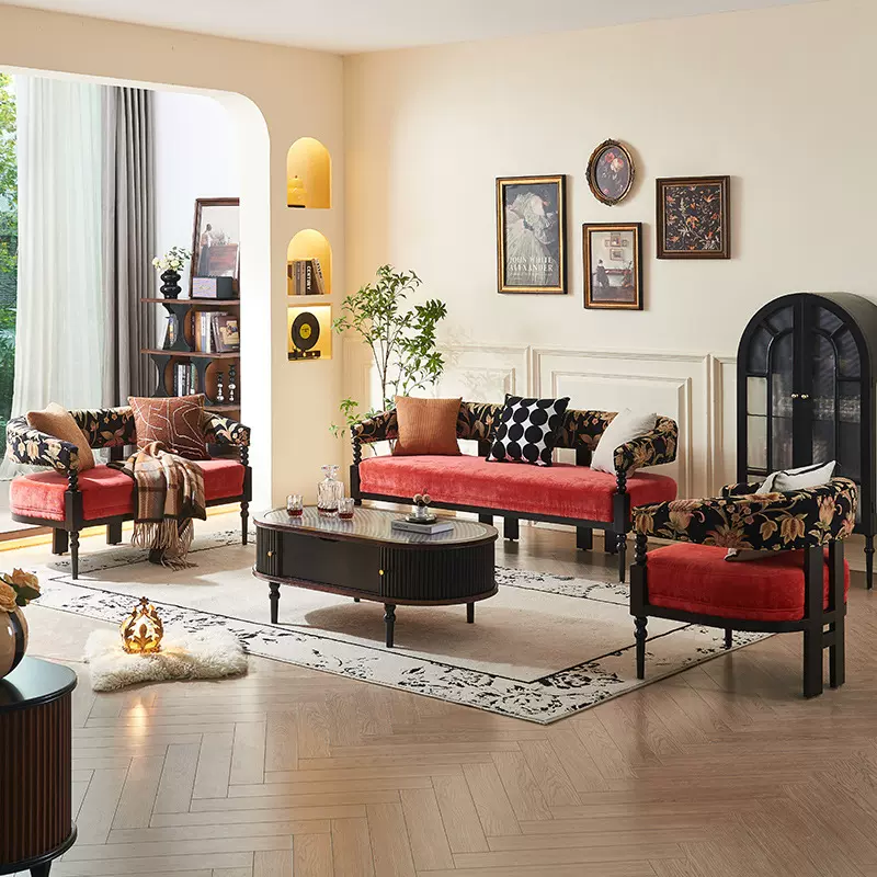 法式实木沙发茶几组合美式复古轻奢客厅家用直排三人位沙发高级感