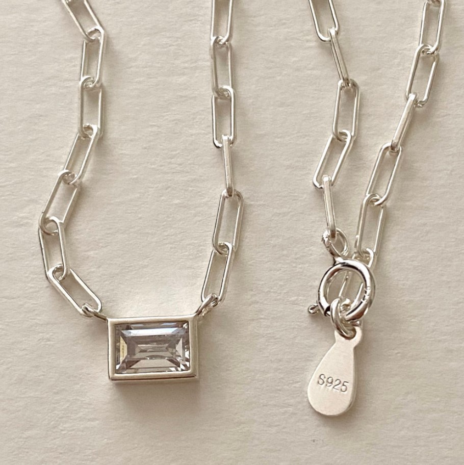 Inlay Design 925 Sterling Silver Zircon Paperclip Chain Inlay Rectangle Necklace
