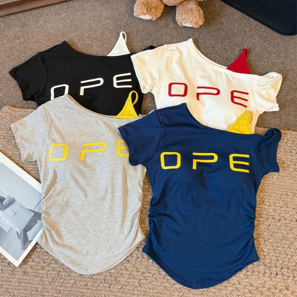 5142 # Contrast Color Fake Two-Piece Short-Sleeved T-Shirt, Summer American-Style Design, Niche Slim-Fit, Slimming Hot Girl Off-Shoulder Top