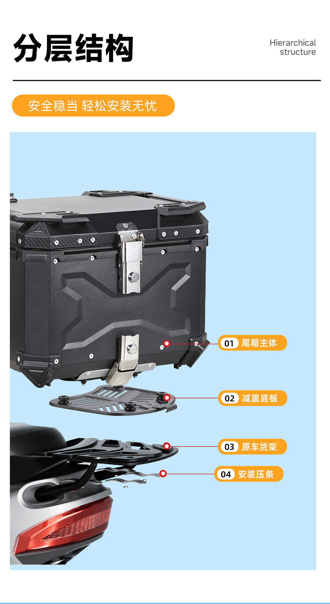 Directly supplied by the manufacturer, aluminum alloy motorcycle tail box, waterproof quick-release storage box, 45L/55L/65L storage box