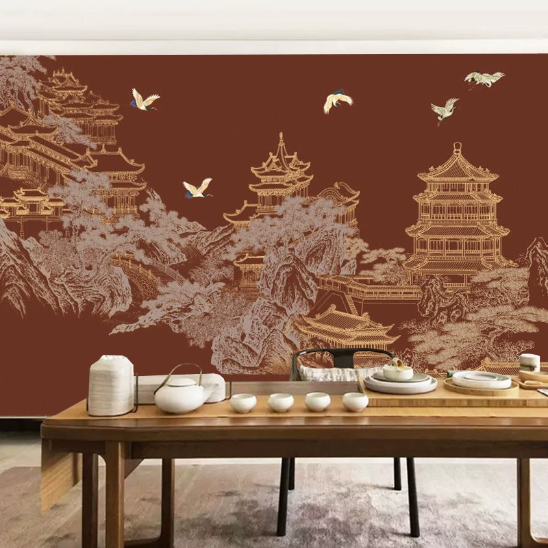 新中式墙纸中国风楼阁雅致意境客厅壁布硬包背景墙布酒店装修壁纸