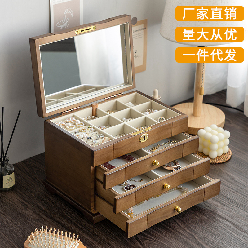 Wooden Jewelry Box Storage Box High-End Luxury Solid Wood New Chinese Style Earrings Ear Studs Necklace Wedding Jewelry Box Cross-Border