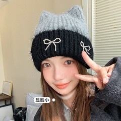 秋冬新款毛线帽可爱猫耳朵蝴蝶结百搭女款大头围护耳针织冷帽批发