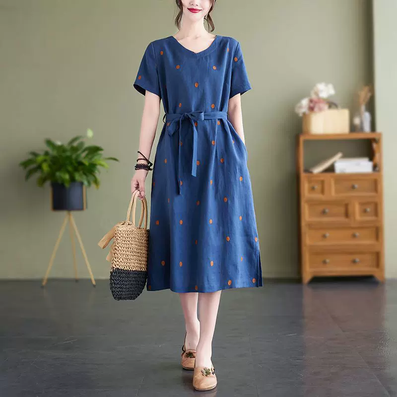 2026夏季复古薄款时尚宽松大码女装短袖V领中长款短袖波点连衣裙