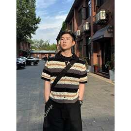 老钱风撞色条纹镂空针织短袖衬衫男夏季度假风穿搭宽松男式衬衫潮