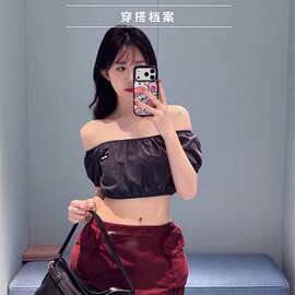M家高端女装夏季一字肩泡泡袖短款上衣韩系休闲气质显瘦