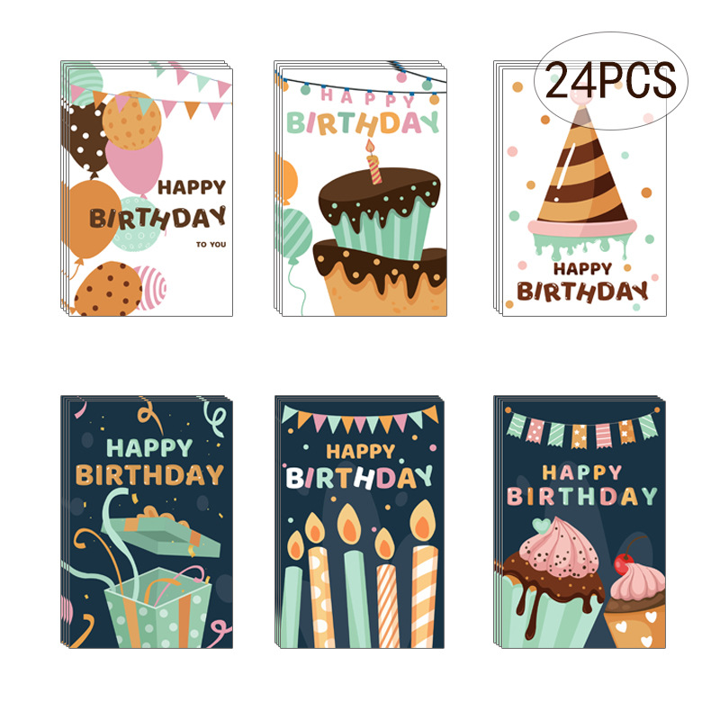 新款24张生日贺卡套装跨境热销亚马逊折叠平面卡片手绘生日
