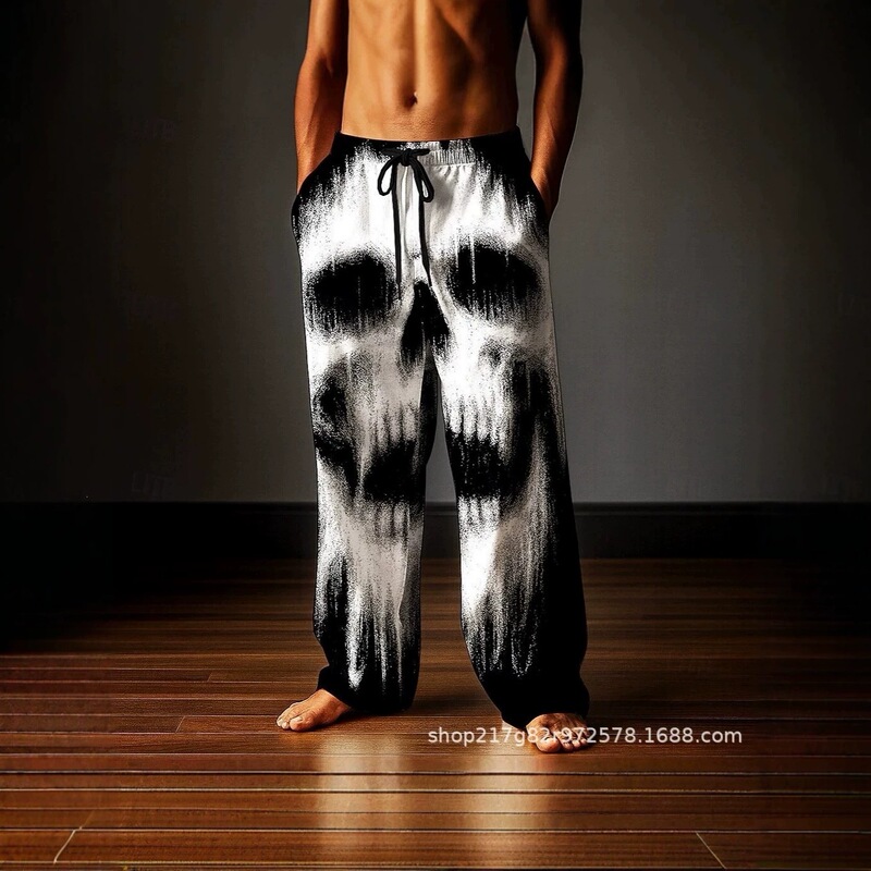Cross-border Amazon Halloween Men's Casual Pants Printed Fashion Dark Gothic Style Drawstring Straight Wide-Leg Pants Cross-border Amazon Halloween Men's Casual Pants Printed Fashion Dark Gothic Style Drawstring Straight Wide-Leg Pants