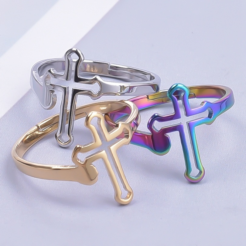 PVD Coated Real Gold Plated 18K Gold Cross 304 Stainless Steel Ethnic Style Waterproof Non Tarnish Open Ring display picture 2