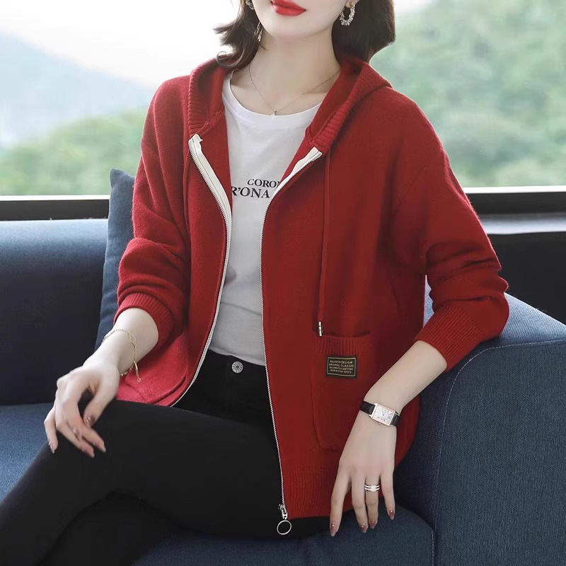 连帽拉链针织开衫2025秋季新款宽松女士毛衣外套时尚春秋洋气上衣|undefined