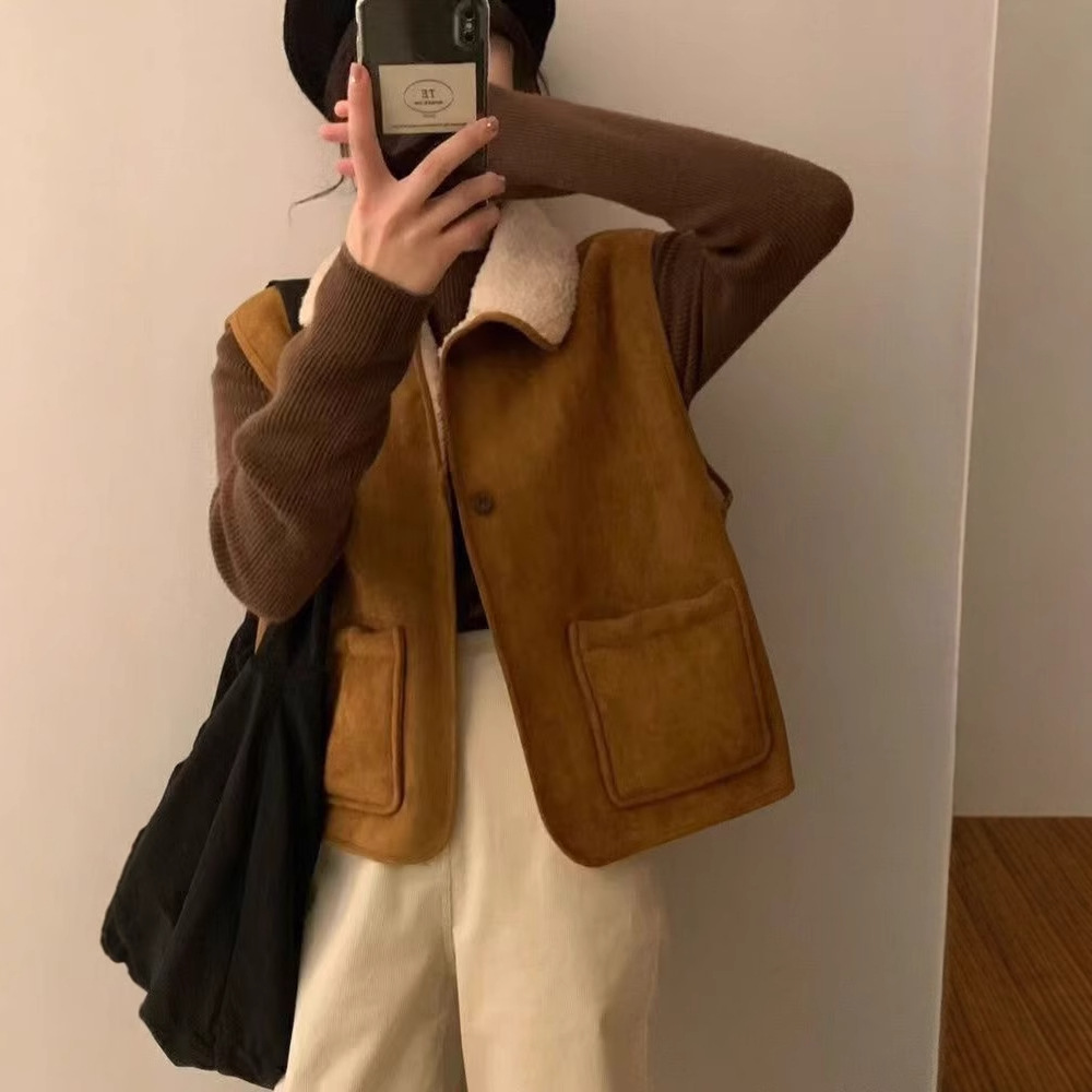 Meilad coreano estilo de moda de piel de ciervo chaleco de invierno nuevo interior de lana de cordero hombre pequeño hombro