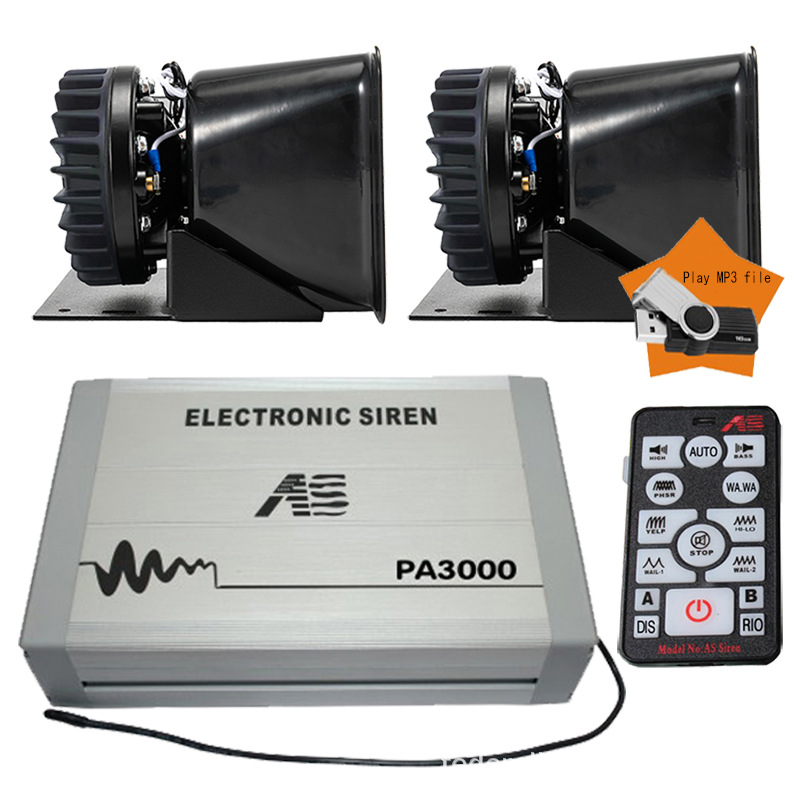 PA3000E Car Electronic Siren, Remote Control MP3 Loudspeaker, Car Siren with High-Pitched Sound + Stainless Steel Horn