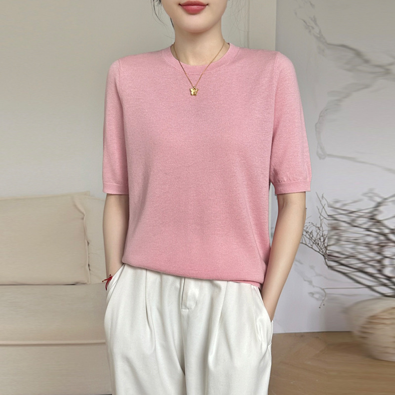 Ai [100 Wool] Basic Worsted Wool Sweater Short-Sleeved Women's Loose Inner Wear for Work Clothing Casual Knitted Base