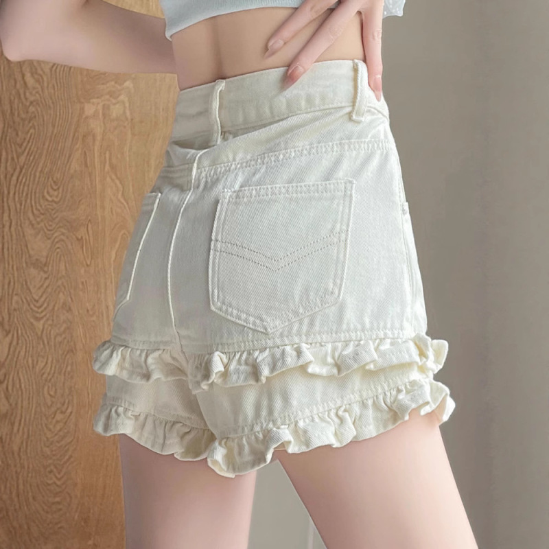 Solid Color Denim Shorts for Women with Lace, Cartoon Girly Style, Long Legs, 2025 Summer Thin High-Waisted A-Line Straight Hot Pants Solid Color Denim Shorts for Women with Lace, Cartoon Girly Style, Long Legs, 2025 Summer Thin High-Waisted A-Line Straight Hot Pants