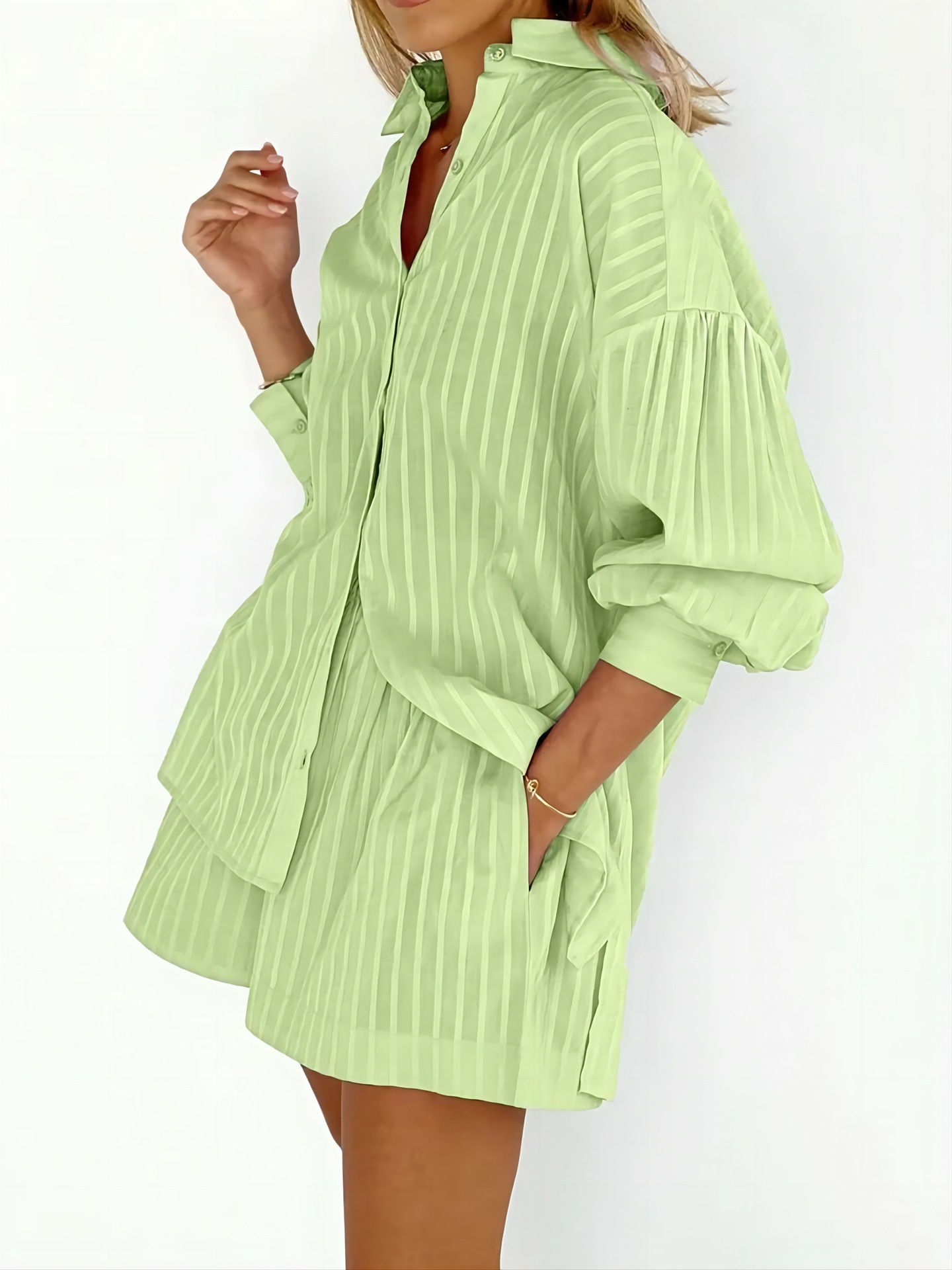 Women's Jacquard Shirt Striped Puff Sleeve Casual Suit Autumn Winter Commuter Design Short Length_ecoleips.com