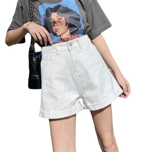 Women's Summer High-Waisted Denim Shorts, Korean Style Wide Leg A-Line Trendy Ins Versatile Casual Rolled Hem Student Hot Pants