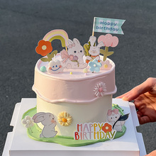 儿童生日蛋糕装饰品可爱小兔子卡通插牌生日快乐韩式复古烘焙插件
