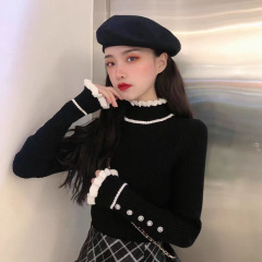 黑色半高领长袖针织衫女2025秋冬新款木耳边撞色内搭打底毛衣上衣