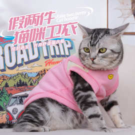 跨境新款猫咪衣服假两件卡通印花猫衣服秋冬保暖防风卫衣宠物衣服