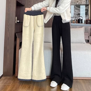 羊羔绒微喇裤女秋冬季加绒裤子2025新款东北棉裤女加厚保暖喇叭裤