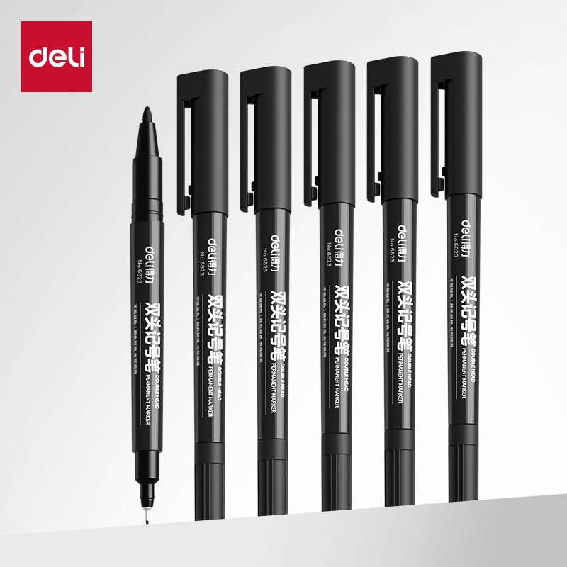 Deli fine-tip marker, oil-based, dual-tip, black, quick-drying, waterproof, thick-tip drawing pen for art students Deli fine-tip marker, oil-based, dual-tip, black, quick-drying, waterproof, thick-tip drawing pen for art students