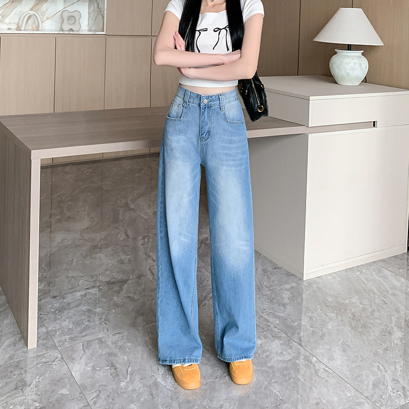 2024 새로운 홍콩 스타일 빈티지 세탁 청바지 여성의 가을 새로운 디자인 센스 높은 허리 넓은 다리 바지 긴 바지