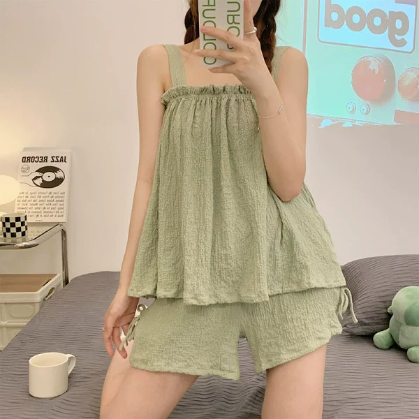 Ночная рубашка‑комплект (pijama) женский тонкий топ и шорты, милые оборки, эффект лифтинга