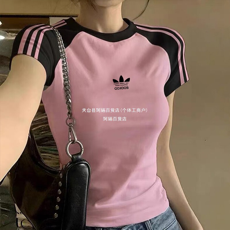 Clover Print Raglan Sleeve Slim Fit Short-Sleeve T-Shirt for Women, Round Neck, Three Stripes, Summer Pure Color Top, Tight-Fitting Clover Print Raglan Sleeve Slim Fit Short-Sleeve T-Shirt for Women, Round Neck, Three Stripes, Summer Pure Color Top, Tight-Fitting