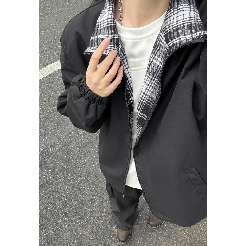 fitcheck格子拼接夹克男春秋复古设计感无帽上衣美式翻领情侣外套|undefined