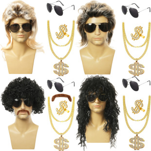 Amazon hot Halloween 80s punk hippie black long curly hair wave wig European men's rock hair