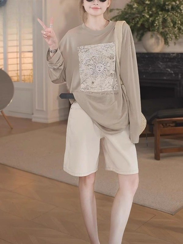 小太阳字母印花薄款长袖T恤女2025夏季新款慵懒风天丝棉防晒衫女|undefined
